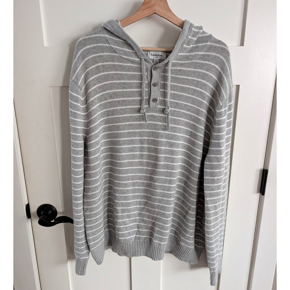 Goodfellow Hooded Henley Sweater Gray Striped Mens XL Preppy Knit Sweatshirt